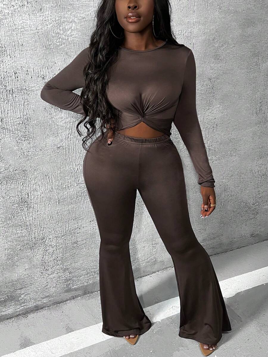Slaydiva Twist Front Crop Tee & Flare Leg Pants - Brown - View 1