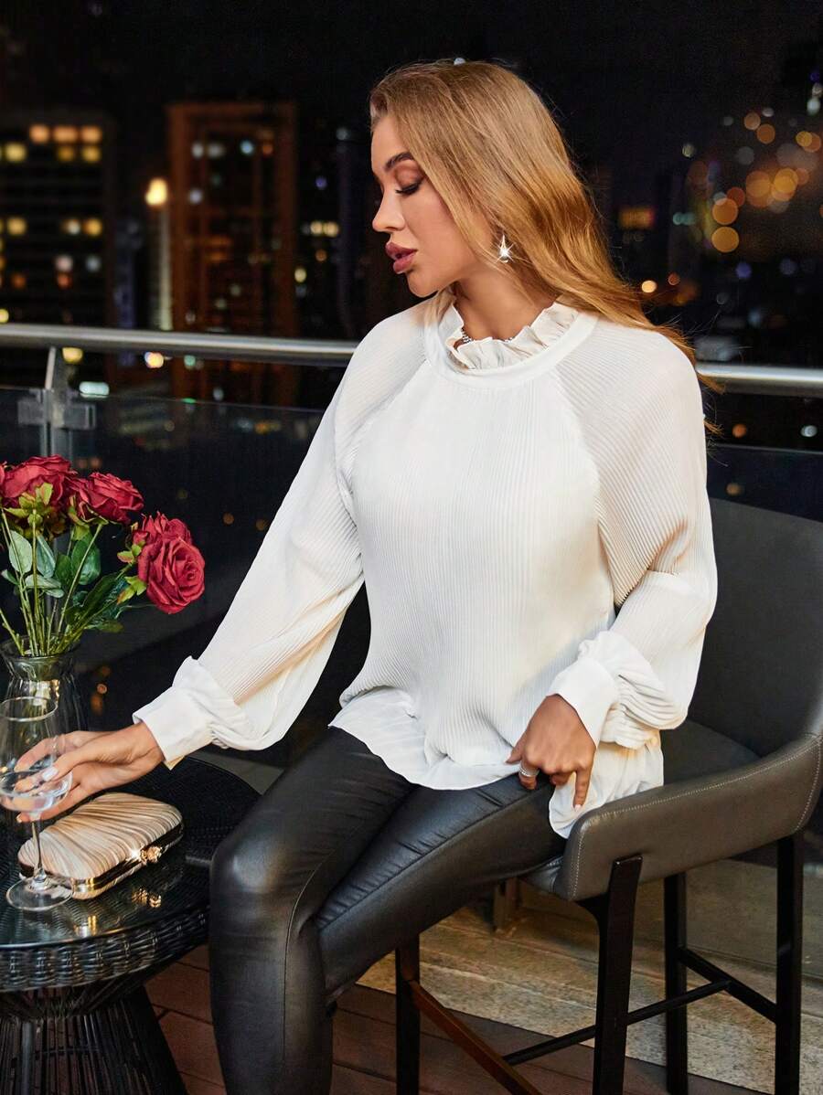 Aveloria Frill Trim Raglan Sleeve Pleated Hem Blouse Fall Cloth For Women - White - View 1