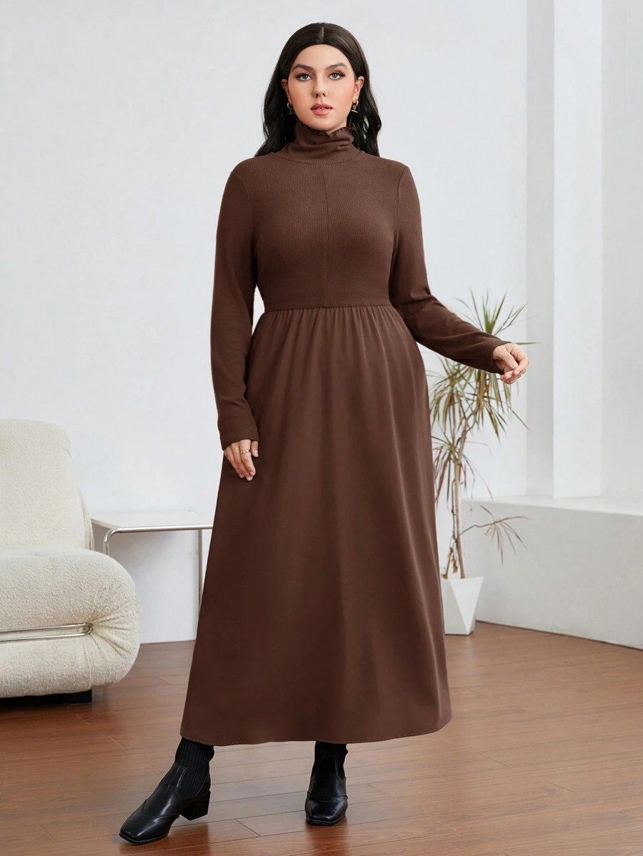 Seusyu Plus Size Solid Color High Collar Long Sleeve Arabic Clothing - Coffee Brown - View 1