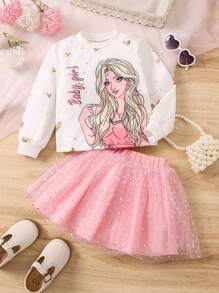 SHEIN Ensemble de 2 pièces sweat-shirt imprimé dessin animé adorable pour jeunes filles et jupe en filet à sequins