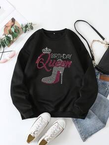 INAWLY Women's Rhinestone Decor Printed Sweatshirt - Black - View 5