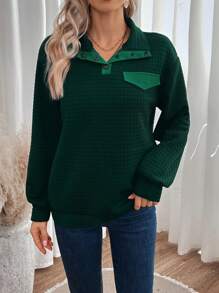 SHEIN LUNE Nút Nửa Chi tiết về Flap Thả vai Áo nỉ - Màu xanh lá cây đậm - Xem 3