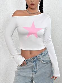 SHEIN Unity Áo thun dài tay lệch vai in họa tiết ngôi sao Colorblock dành cho nữ - trắng - Xem 3