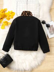 SHEIN Young Girl Contrast Leopard Print Letter Patched Zip Up Jacket - Black - View 2