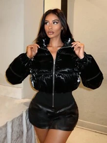 SHEIN SXY 冬季拉链夹棉大衣 - 黑色 - 查看 6