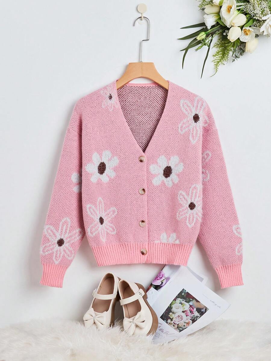SHEIN Tween Girl Floral Pattern Drop Shoulder Cardigan - Pink - View 1