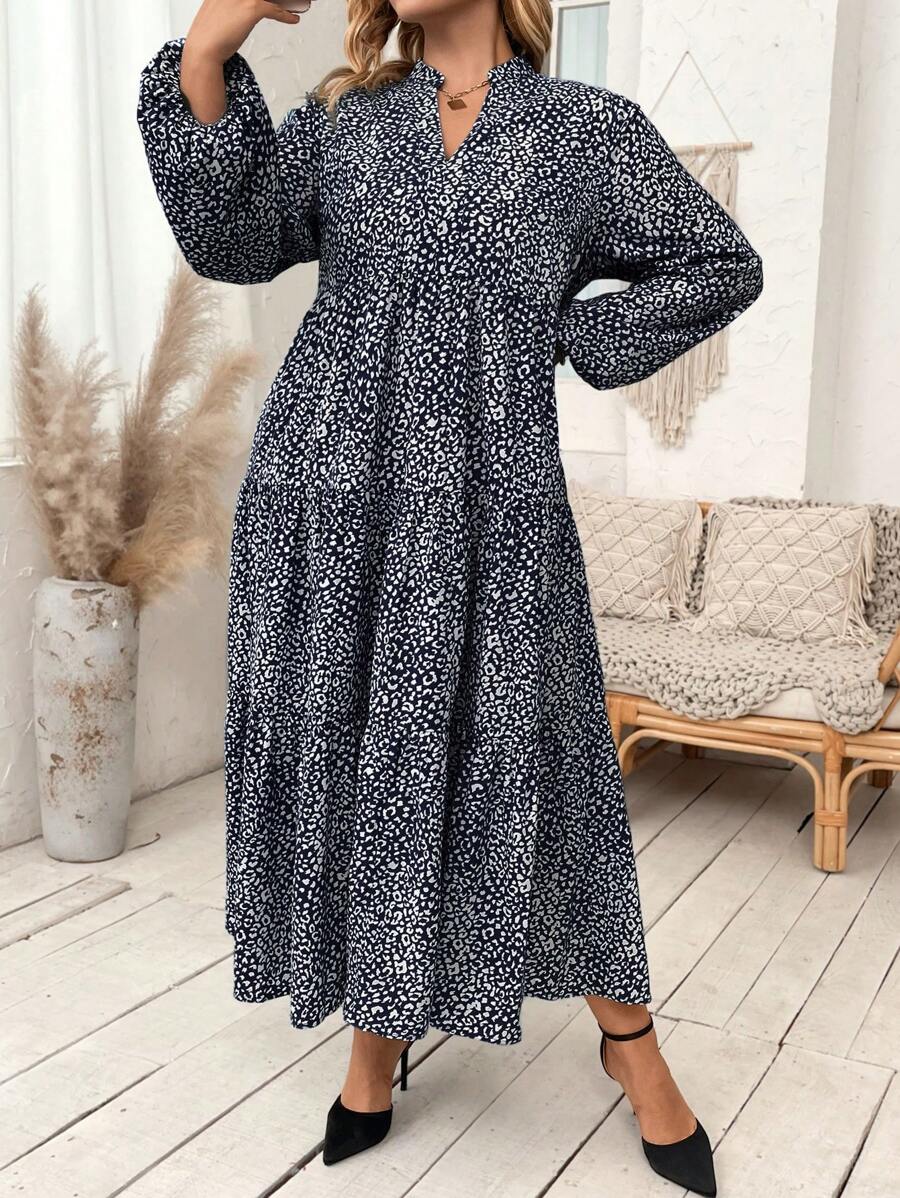 SHEIN Franclia Plus 全身印花燈籠袖荷葉邊下擺罩衫裙 - 藏蓝色 - 查看 1