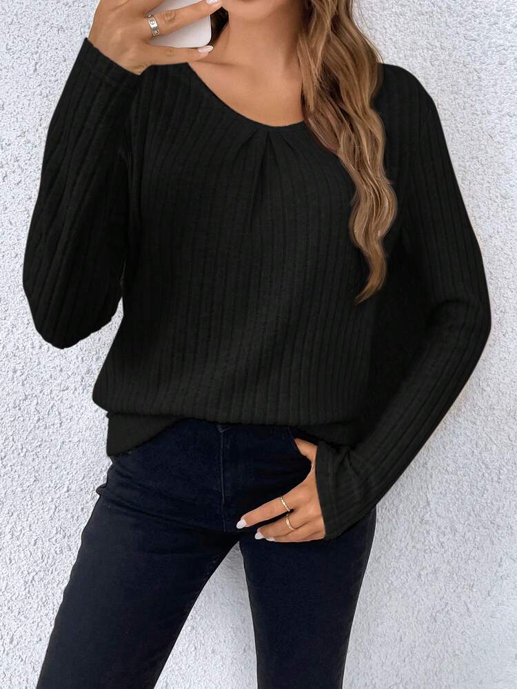 Women's Long Sleeve Top With Back Hollow Out Design Winter Black Casual