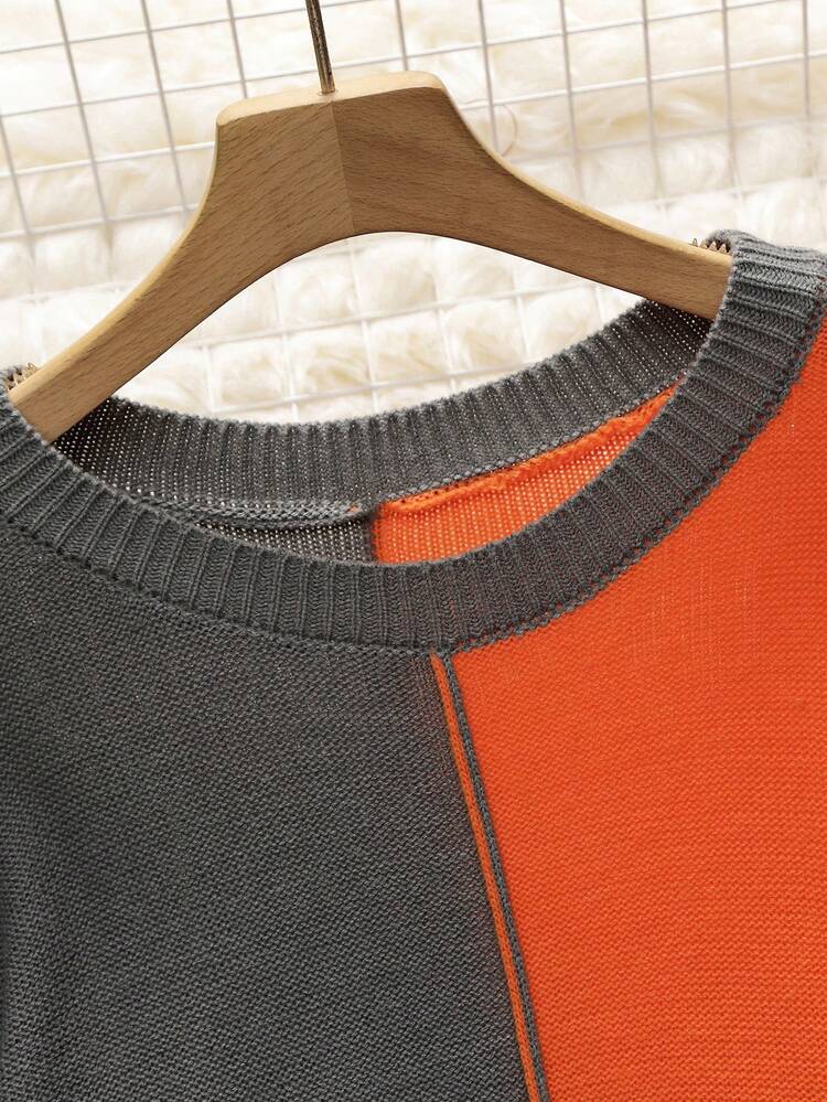 Plus Two Tone Drop Shoulder Sweater Knit Pullover Fall Winter Sweater