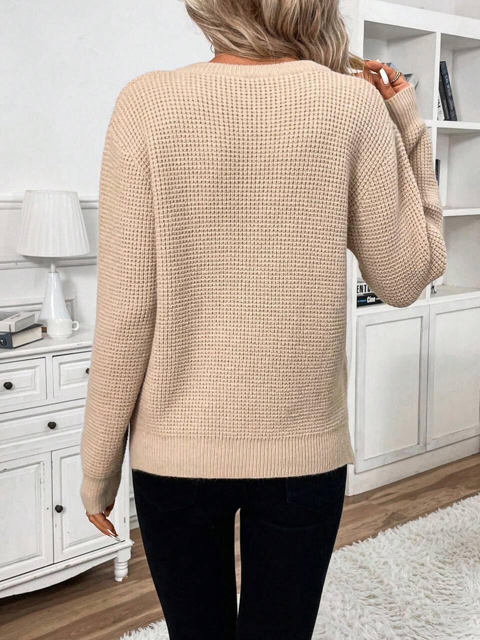 Notched Neck Drop Shoulder Sweater Winter Casual
