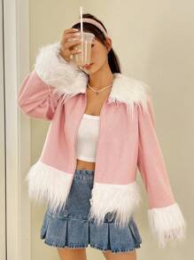 SHEIN EZwear 毛茸邊拉鏈開襟花呢外套 - 淺粉色 - 查看 4