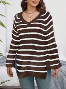 Calvaya Suéter de punto con mangas raglán y estampado de rayas para tallas grandes, para otoño e invierno - Café integral - Ver 3