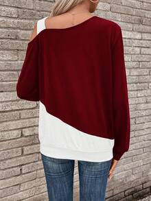 EMERY ROSE Colorblock Asymmetrical Neck Sweatshirt - Burgundy - View 2