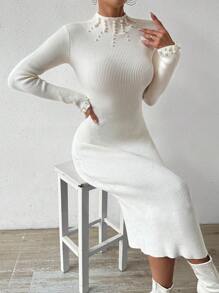 SHEIN Clasi Cổ giả Đồ đan Ribbed Váy len bó sát - Màu be - Xem 3