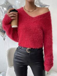 Chiquease V Neck Fluffy Knit Drop Shoulder Sweater - Red - View 3