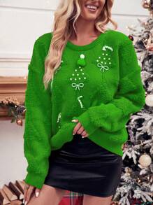 SHEIN LUNE 聖誕圖案珍珠串珠水鑽蝴蝶結裝飾落肩袖套頭毛衣 - 綠色 - 查看 1