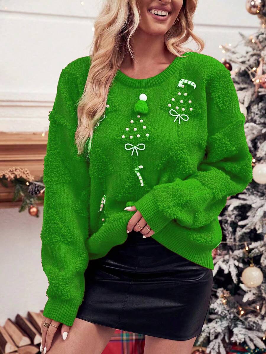 SHEIN LUNE 聖誕圖案珍珠串珠水鑽蝴蝶結裝飾落肩袖套頭毛衣 - 綠色 - 查看 1