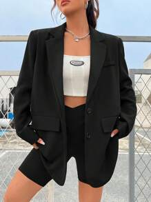 SHEIN EZwear Của phụ nữ Xu hướng: Cắt giảm Thêu Bướm Cổ áo tây Áo vest - màu đen - Xem 2