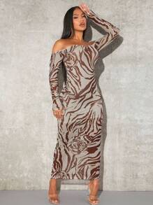 SHEIN SXY Summer;Zebra Striped Tie Backless Off Shoulder Bodycon Dress - Brown - View 4