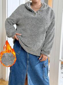 SHEIN Essnce Plus Size Drop Shoulder Teddy Sweatshirt - Grey - View 1