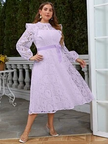 Simplee 大码春夏优雅纯色水溶蕾丝灯笼袖荷叶边连衣裙 - 紫色 - 查看 6
