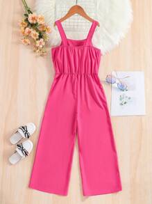 SHEIN Tween Girls' Ruffle Romper Jumpsuit, Elegant Casual Everyday Wear, Spring/Summer - Hot Pink - View 2