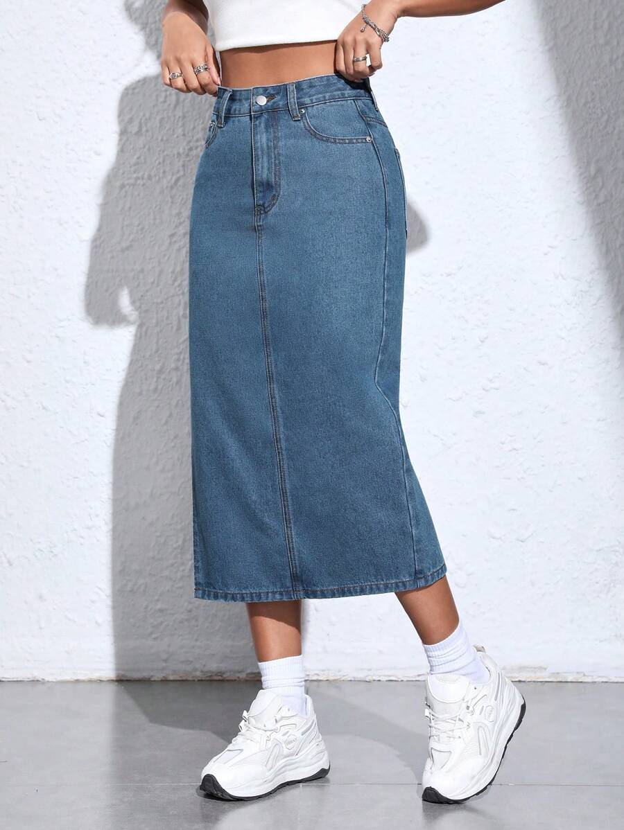 SHEIN PETITE 女士牛仔裙 - 中等水洗藍 - 查看 1