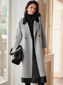 Anewsta Contrast Collar Double Button Overcoat - Silver - View 6