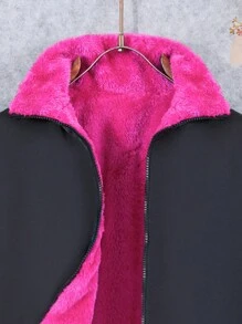 SHEIN 休閒仿皮草拼接 拉鍊女童（大）夾克 - 黑色 - 查看 4