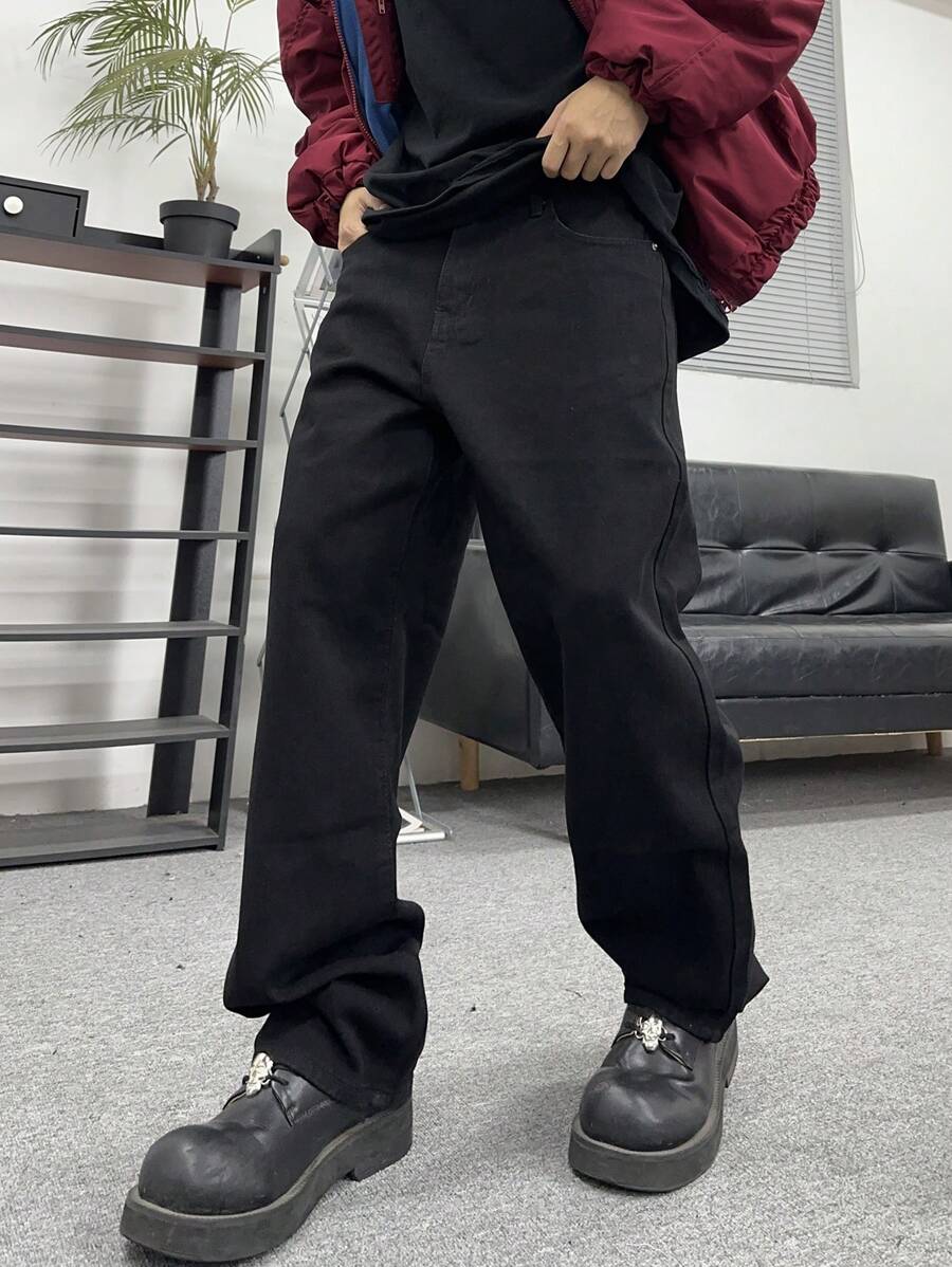 Manfinity Hypemode Loose Fit Men's Slant Pocket Straight Leg Jeans - Black - View 1