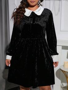 SHEIN Clasi Hơn Cổ áo tương phản Nhung Đầm - Đen và trắng - Xem 5