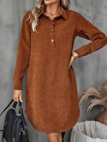 SHEIN LUNE Asymmetrical Hem Corduroy Dress - Brown - View 5