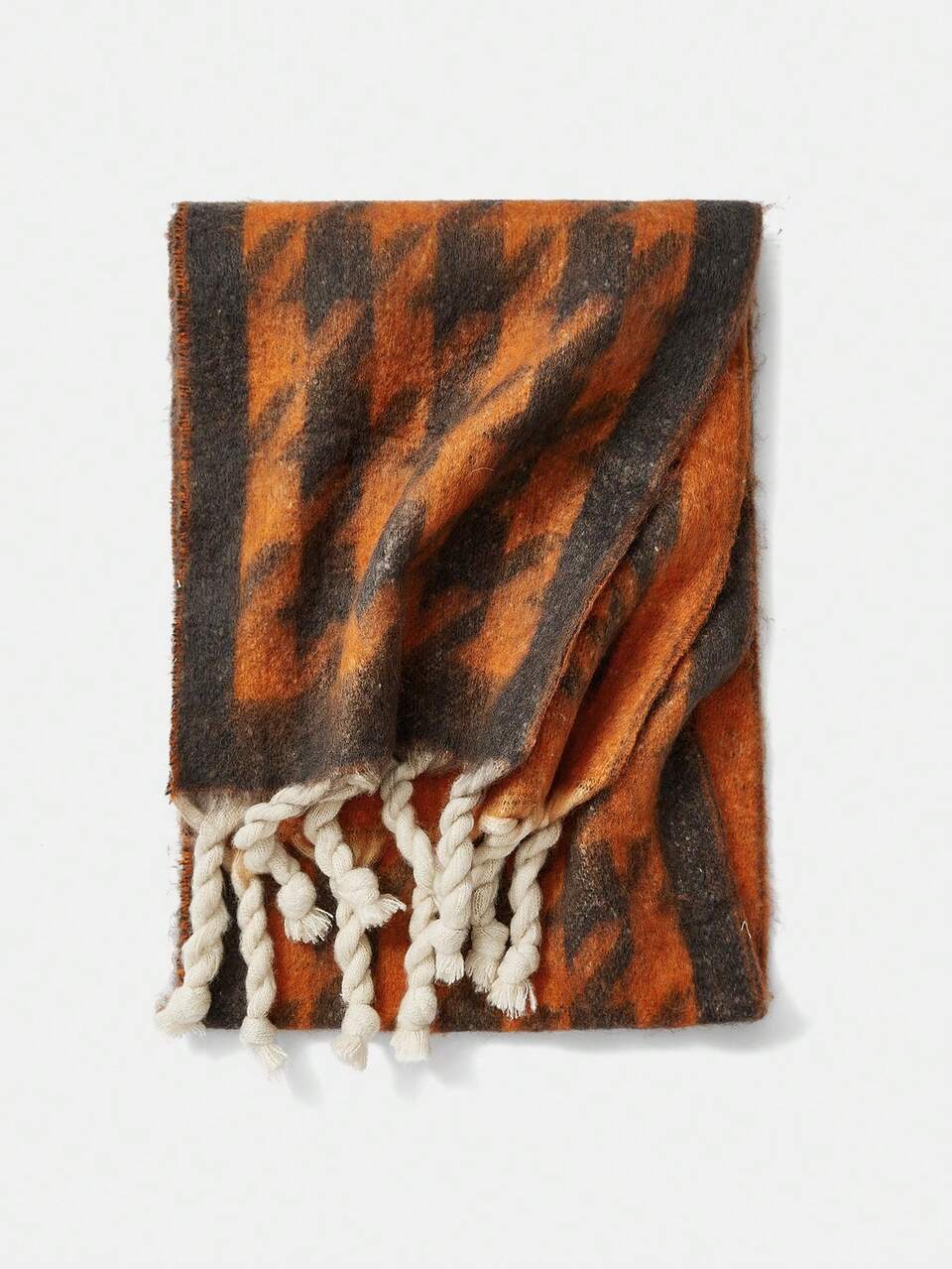 HOUNDSTOOTH PATTERN TWIST FRINGE SCARF ELEGANT