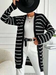 EURMUSE Mẫu sọc Thả vai Áo len Duster - Đen và trắng - Xem 5