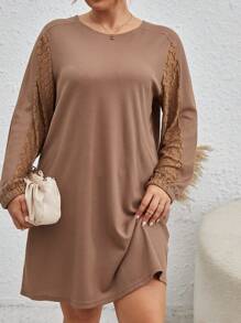 SHEIN LUNE 大码蕾丝撞色圆领长袖连衣裙 - 棕色 - 查看 1