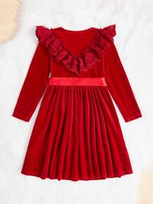 SHEIN Bé gái Dệt kim Màu thuần Lông tơ Ngắn Vòng cổ Rộng Thanh lịch Đầm - Đỏ - Xem 2
