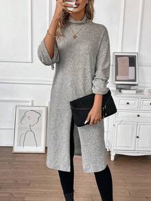 SHEIN LUNE 高領落肩袖高衩長款T恤 - 卡其色 - 查看 5