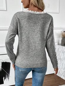SHEIN Essnce Của phụ nữ Vòng cổ Thả vai Áo len Với Viền trang trí - Xám - Xem 2