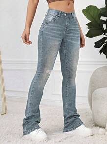 SHEIN EZwear Y2k Cat Whisker Ripped Flare Leg Blue Jeans - Dark Wash - View 3