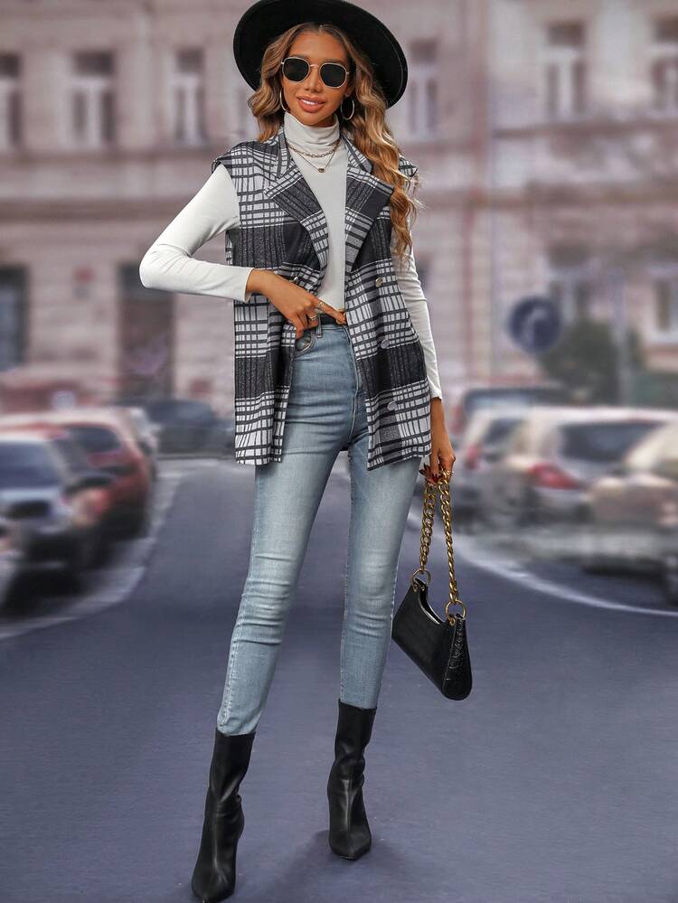 Plaid Print Open Front Button Detail Vest Coat
