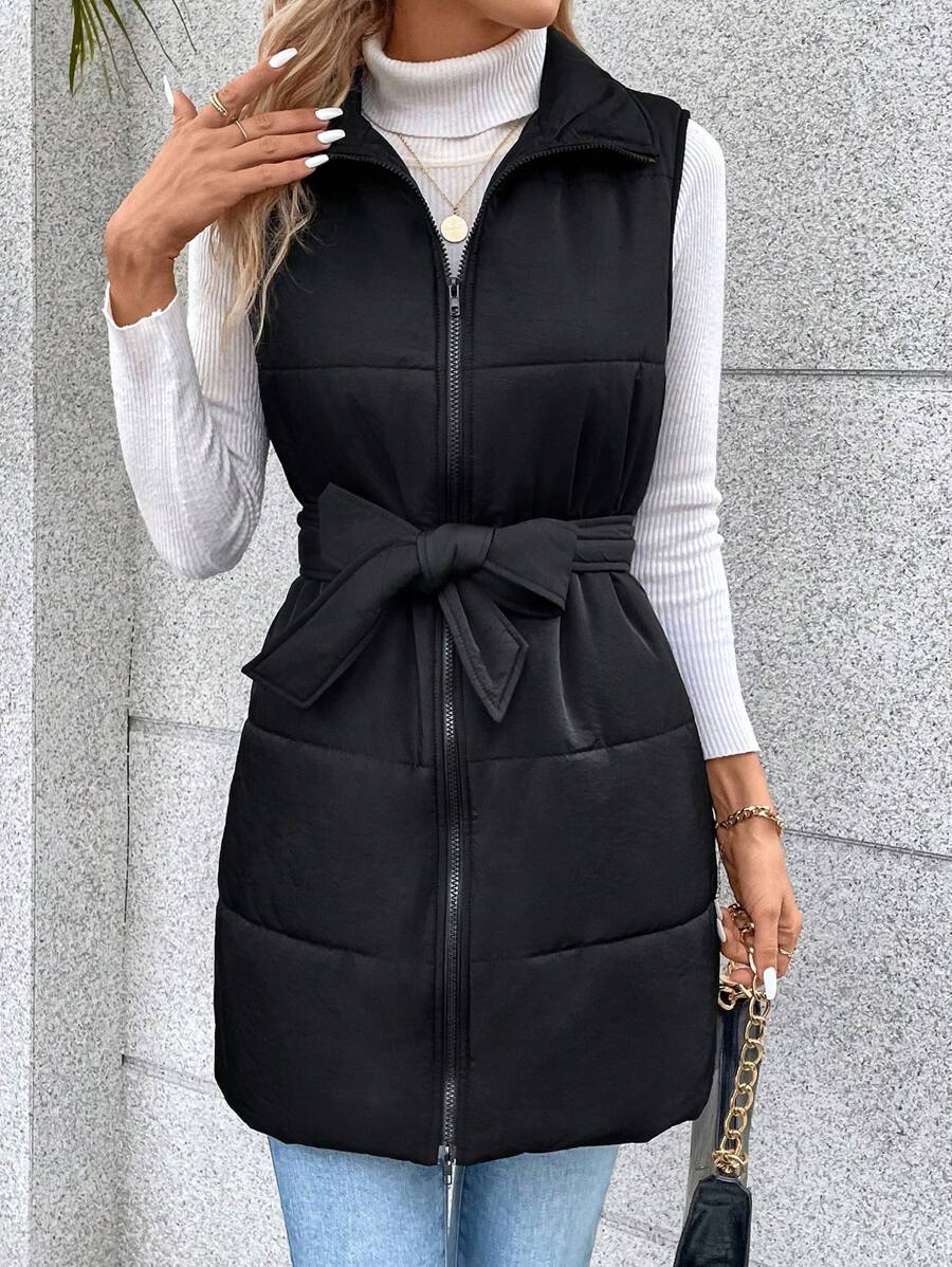 SHEIN Frenchy 拉链系腰带背心夹棉外套 - 黑色 - 查看 1