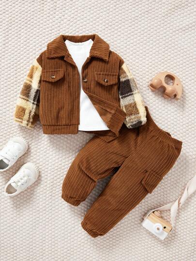 SHEIN Vintaside Kids Baby Boy Contrast Plaid Print Flap Detail Jacket & Solid Pants, For Christmas