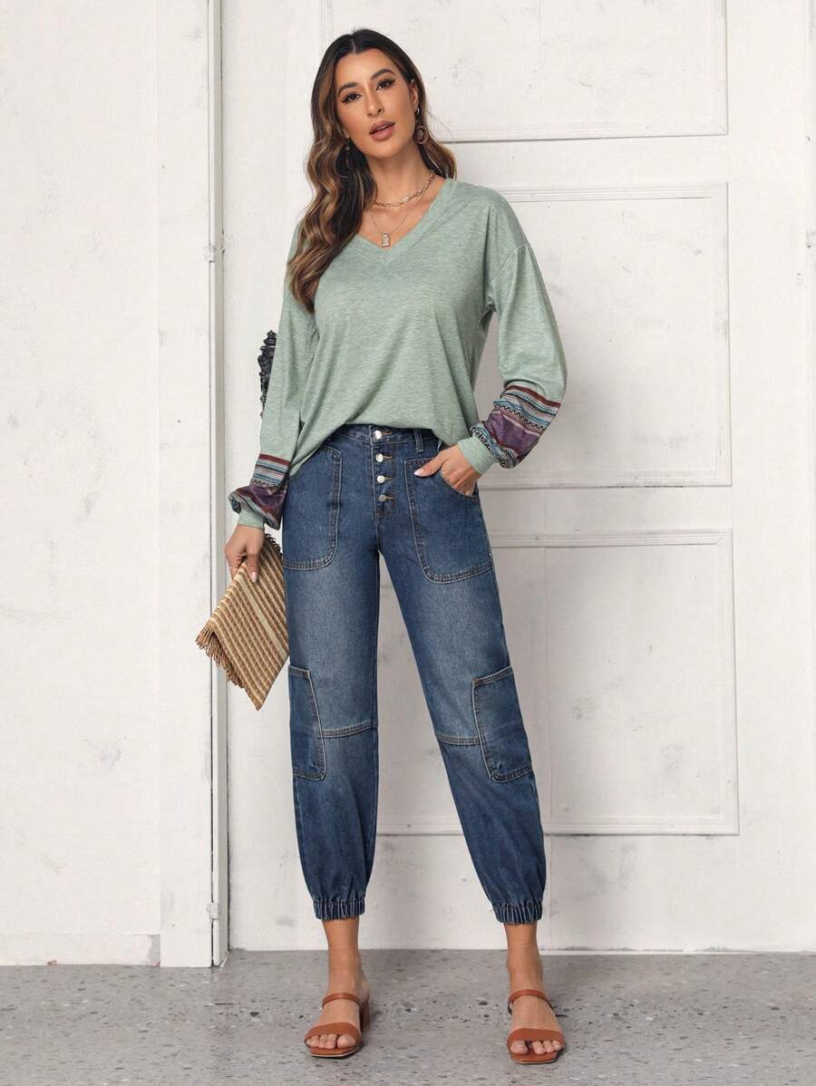 SHEIN LUNE 紐扣門襟補丁口袋牛仔褲 - 藍色 - 查看 1
