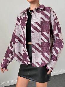 SHEIN Cottnline Houndstooth Button Up Jacket - Violet Purple - View 3