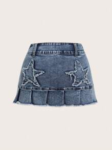 SHEIN ICON Pleated Hem Denim Skirt - Dark Wash - View 2
