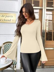 SHEIN Essnce Women's Slim Fit Flared Sleeve T-shirt - Apricot - View 4