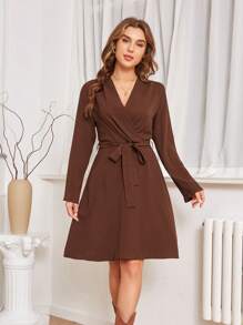 SHEIN Privé Solid Belted Wrap Dress - Coffee Brown - View 3