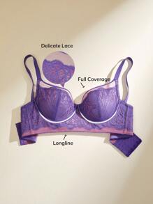 LUVLETTE Lingerie Full Coverage Longline Push Up Lace Bra - Purple - View 2