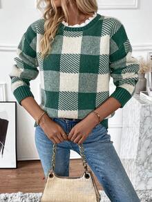 SHEIN LUNE Buffalo Karomuster Oversized Strickpullover für Herbst und Winter - Grün - Übersicht 5