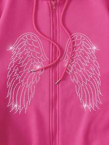 SHEIN EZwear Áo khoác nỉ cỡ lớn có dây rút, họa tiết cánh đính đá, khóa kéo, lót giữ nhiệt. - Màu Hồng Tươi - Xem 3